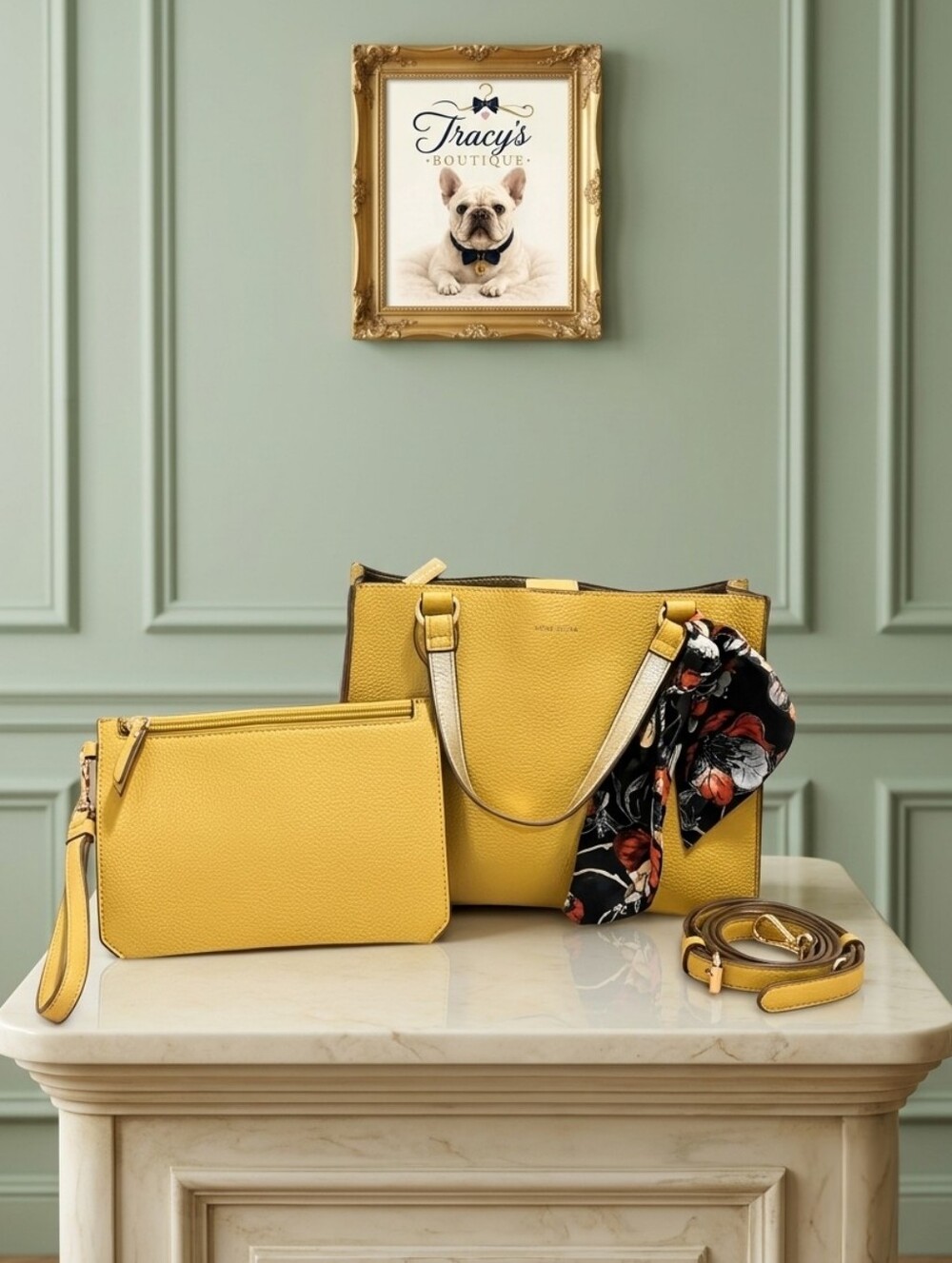 Anne Klein Mustard Yellow Tote Wristlet Crossbody Strap Scarf Set
